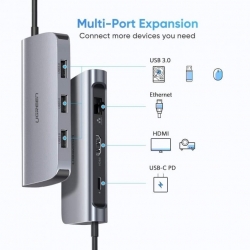 Ugreen Type C 6 In 1 Multifultion Adaptor Hdmi/ Rj45/ Usb3.0 X 3/ Typec Pd Protocal (50771) Acbugn50771