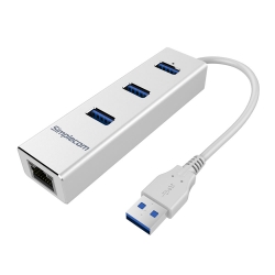Simplecom Chn410 Aluminium 3 Port Usb 3.0 Hub With Gigabit Ethernet Adapter 1000mbps Silver Chn410-sl