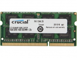 Crucial Single Channel So-dim: 8gb Ddr3 1600mhz Mt/ S (pc3-12800) Cl11 204pin Dualvoltage 1.35v/