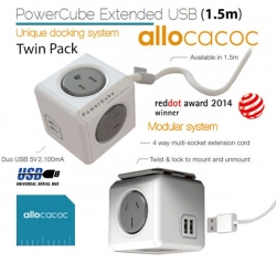 Allocacoc Powercube Extended Usb Grey 4 Outlets 2 Usb 1.5m With Cable (twin Pack) Eleaus5400aueupcx2