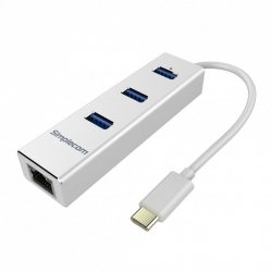 Simplecom CHN411 Silver Aluminium USB Type C to 3 Port USB 3.0 Hub with Gigabit Ethernet Adapter - CBAT-USBCLAN