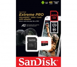SanDisk 400GB Extreme Pro Micro SDXC, V30, U3, C10, A2, UHS-I, 170MB/s Read, 90MB/s Write, SDSQXCZ-400G
