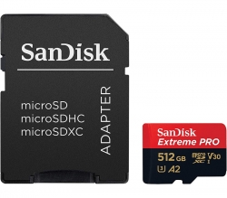 SanDisk 512GB Extreme Pro Micro SDXC, SQXCZ V30, U3, C10, A2, UHS-I, 170MB/s R, 90MB/s W, SDSQXCZ-512G-GN6MA