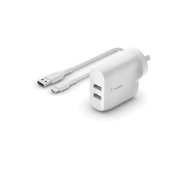 BELKIN 2 PORT WALL CHARGER, 12W, USB-A (2), BOOST CHARGE WITH USB-A TO C CABLE (Wce001Au1Mwh)